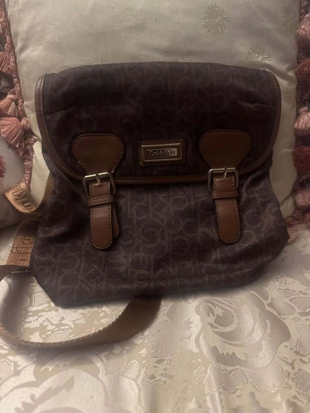 Calvin Klein Signature Monogram Shoulder Bag – Brown & Tan – Gold Hardware